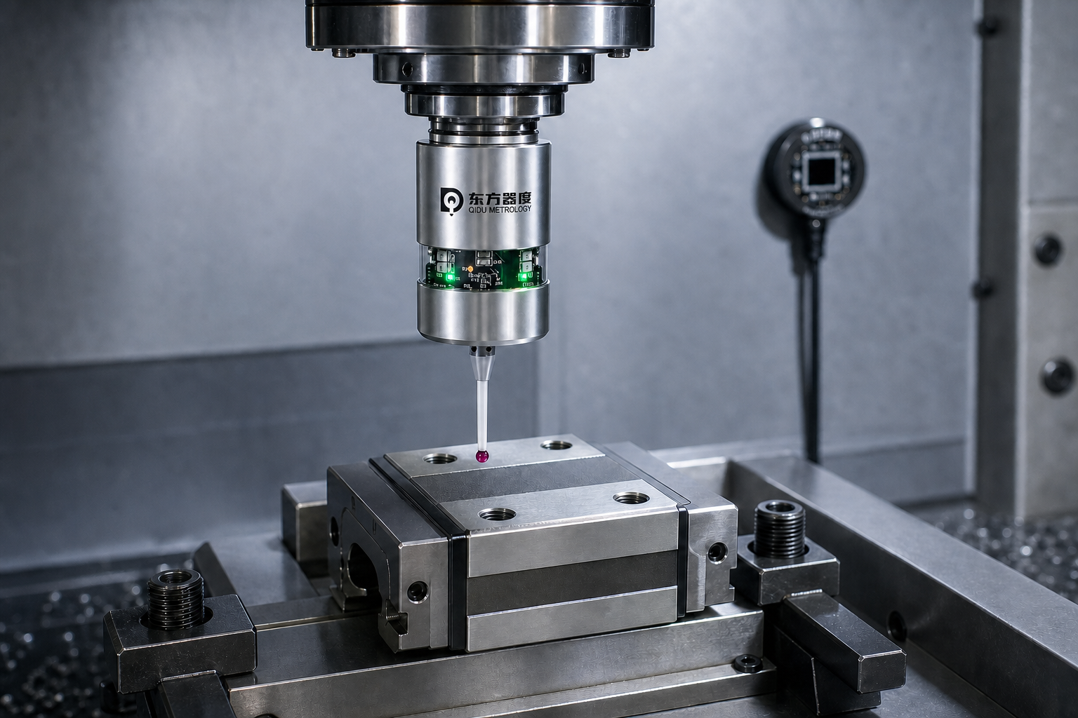 Spindle-mounted CNC touch probe measuring a workpiece inside a machining center