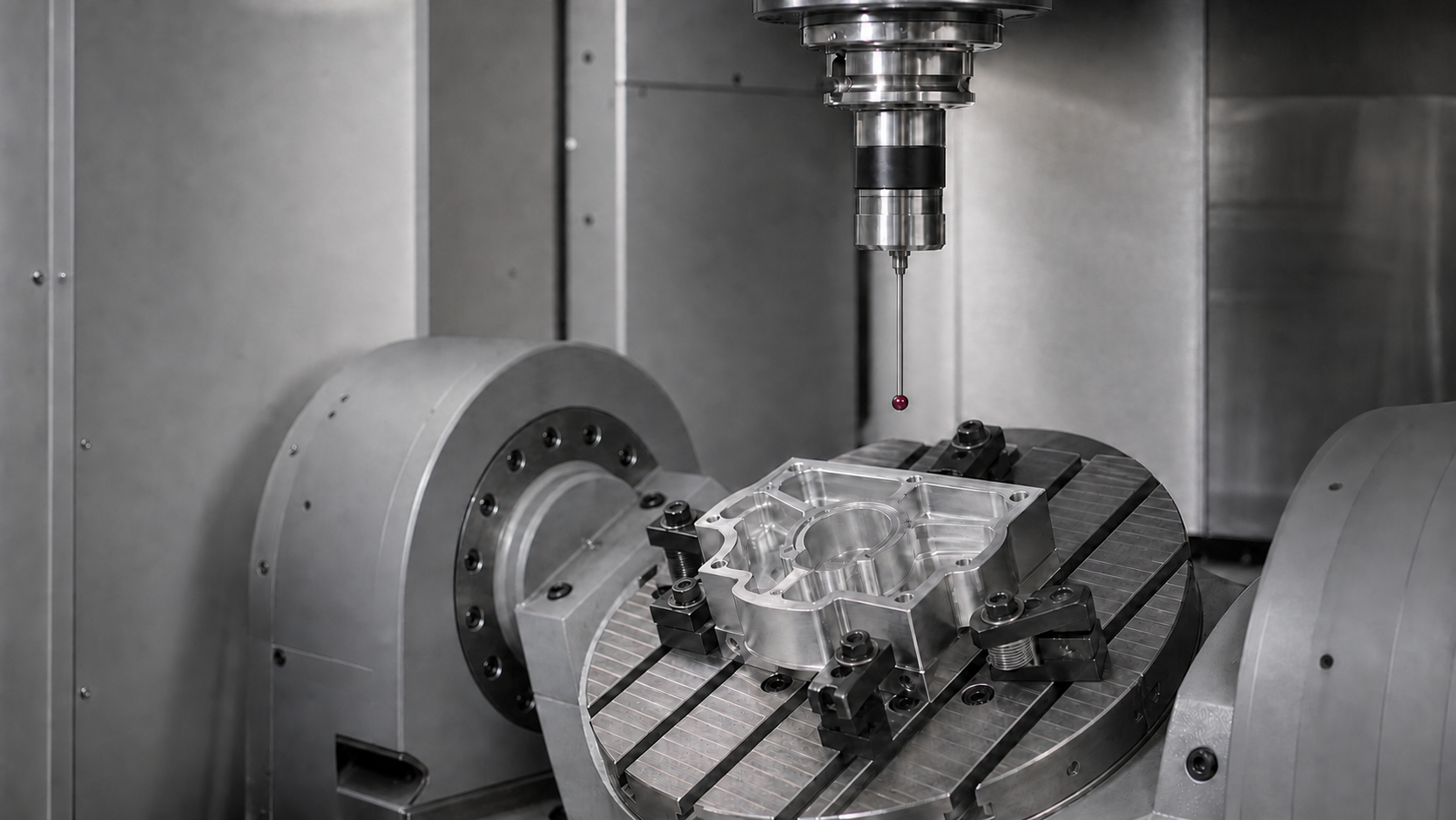 CNC spindle touch probe undergoing inspection and measurement verification.