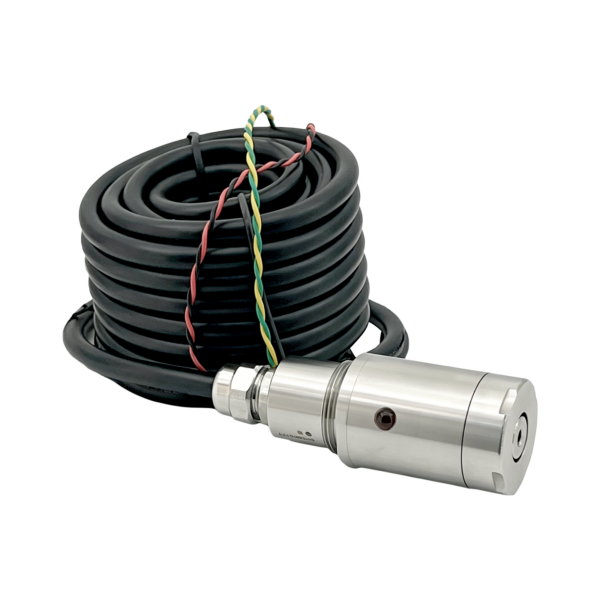 DLP25 hard-wired CNC touch probe with silver stainless steel housing and coiled connection cable for CNC machine integration.