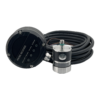 DRP40-P2 radio CNC touch probe with black signal receiver and coiled connection cable for CNC machine integration. DRP40-P2 radio CNC touch probe with black signal receiver and coiled connection cable for CNC machine integration.