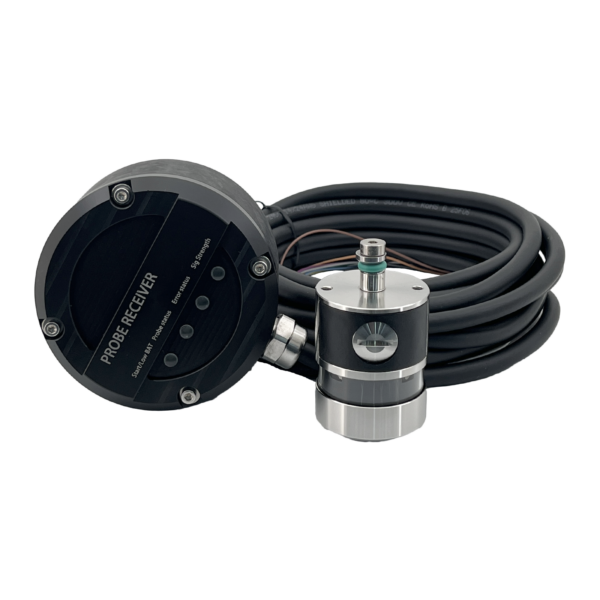 DRP40-P2 radio CNC touch probe with black signal receiver and coiled connection cable for CNC machine integration. DRP40-P2 radio CNC touch probe with black signal receiver and coiled connection cable for CNC machine integration.