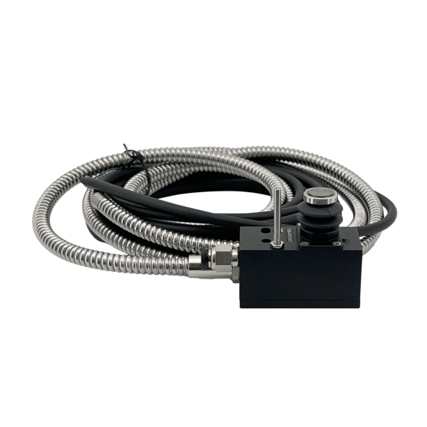 DTS100S Z-axis contact CNC tool setter with bellows-style sensing cover, black housing, coiled cable and flexible metal protective conduit.
