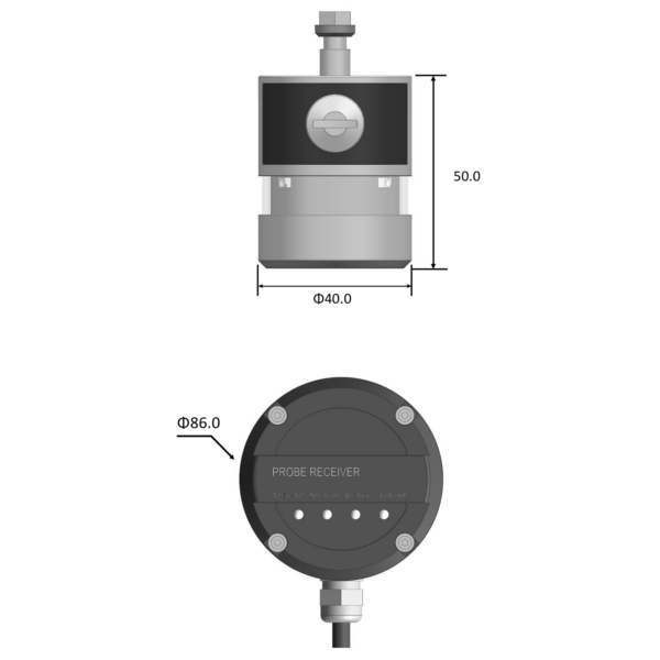 DRP40-P2 technical drawing showing the 40 mm probe body diameter and 86 mm radio receiver diameter. DRP40-P2 technical drawing showing the 40 mm probe body diameter and 86 mm radio receiver diameter.