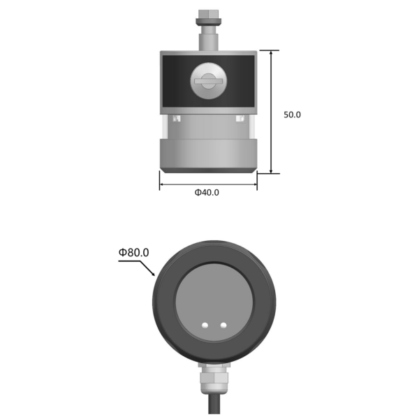 DRP40-C wireless CNC touch probe displayed beside its black radio receiver with signal status indicators and connection cable. DRP40-C wireless CNC touch probe displayed beside its black radio receiver with signal status indicators and connection cable.