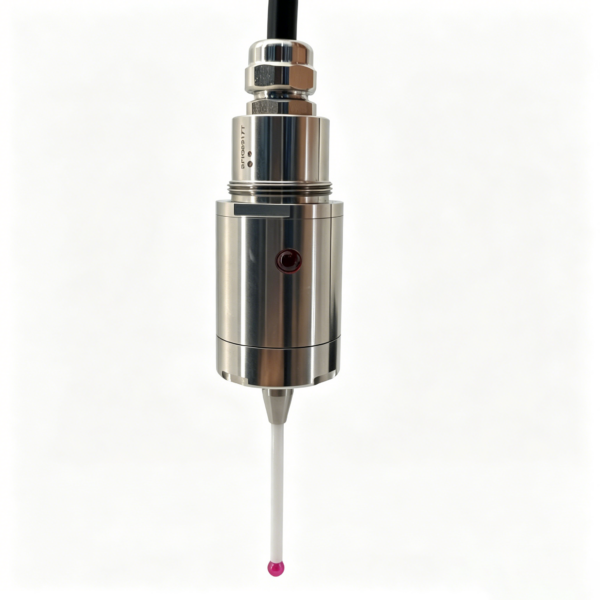 Qidu DLP25 wired CNC touch probe with cylindrical metal housing, cable fitting and coiled connection cable for workpiece measurement applications.