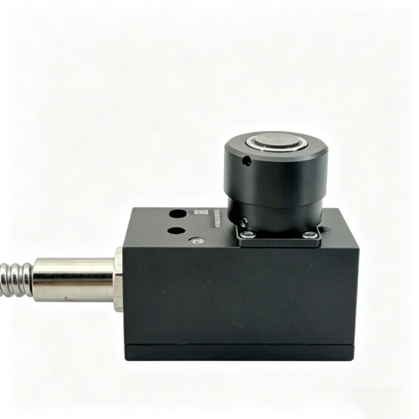 Close-up of DTS100-style CNC contact tool setter showing the round metal measuring pad, black housing and flexible protected connection cable.