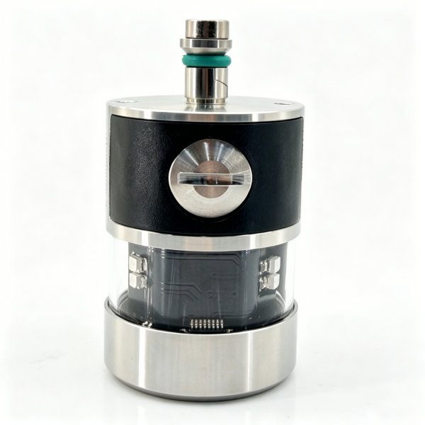 CNC radio touch probe with ruby-tipped stylus, metallic housing and circular receiver connected to a coiled cable. CNC radio touch probe with ruby-tipped stylus, metallic housing and circular receiver connected to a coiled cable.