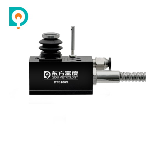 Qidu DTS100S contact CNC tool setter with tungsten carbide measuring pad, flexible bellows cover, black mounting base and cable connector.