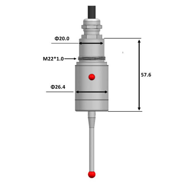 DLP25 mechanical drawing showing 26.4 mm body diameter, 20 mm upper diameter, M22 × 1.0 thread and 57.6 mm indicated body length.