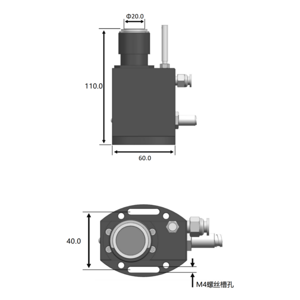 DTS500 technical specification chart showing 50 mm tungsten carbide pad, below 1 μm repeatability, 11 mm stroke, NO output and IP68 protection.