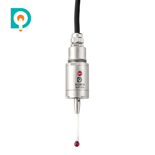 DLP25 specification chart showing below 1 μm 2σ repeatability, trigger forces, 5 m cable, SUS 316 housing and IP68 protection.