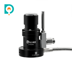 Qidu DTS200C compact Z-axis CNC tool setter with cylindrical housing, 20 mm contact pad, pneumatic fitting and coiled cable with protective metal conduit.