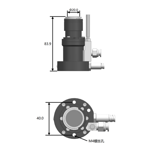 DTS200C technical drawing showing 83.9 mm overall height, 20 mm contact pad diameter, 40 mm mounting hole spacing and M4 mounting holes.