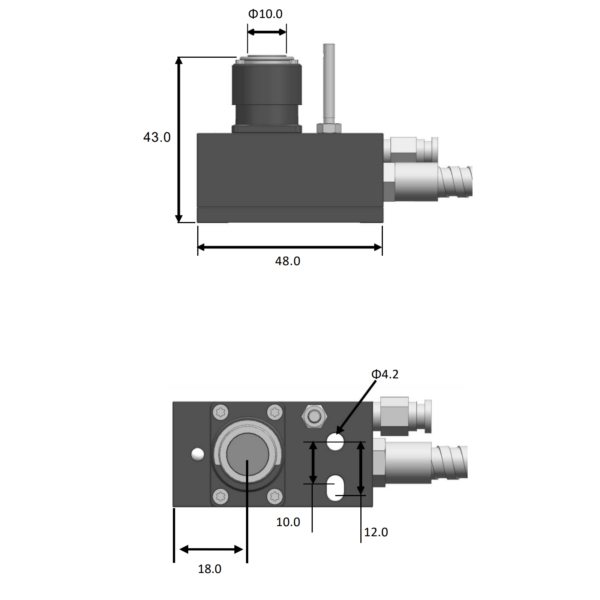 DTS100 dimensional drawing showing 48 mm body length, 43 mm overall height, 10 mm contact pad diameter and 4.2 mm mounting hole diameter.